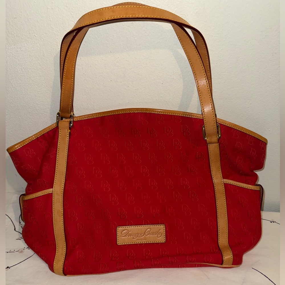 Dooney and Bourke Red Canvas XL Logo Tote Bag Travel Shoulder Leather Straps